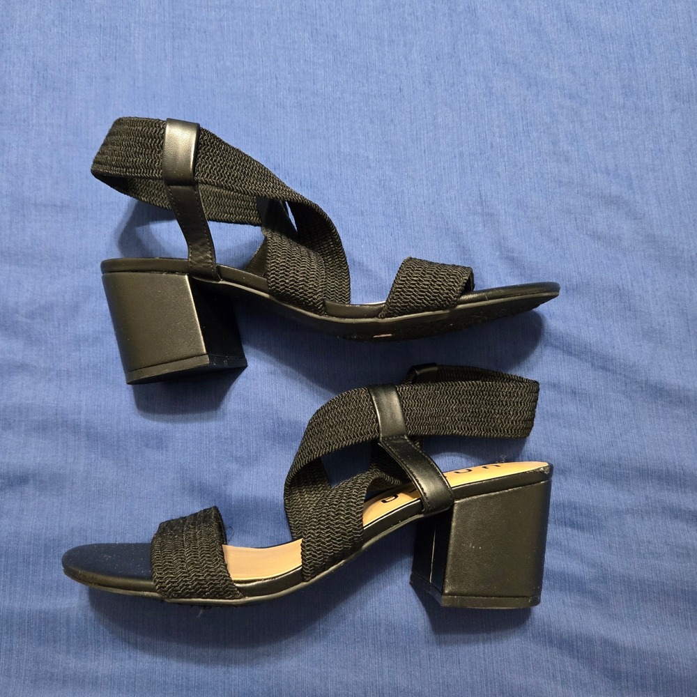 Unisa Block Heel Sandals Womens 9 Black Good Elastic Strappy Open Toe Shoes